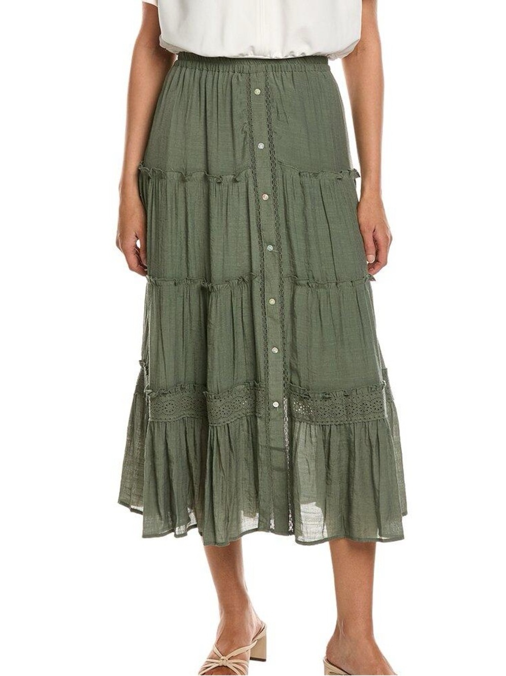 Nanette Lepore Olive Tiered Button-Front Maxi Skirt